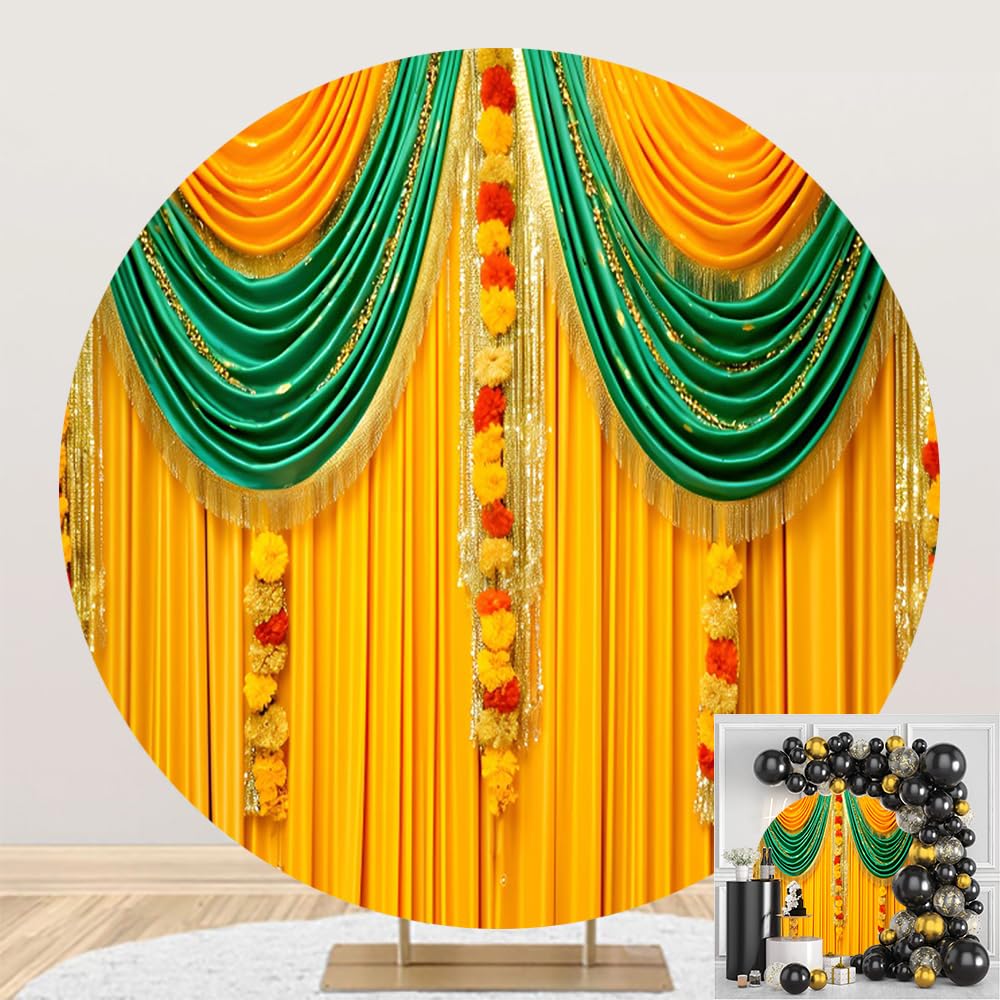 Indian Tranditional Round Backdrop Cover Mehndi Festival Ganpati Blue Gold Puja Curtains Pooja Photography Backgrounds for Wedding Bridal Shower Party