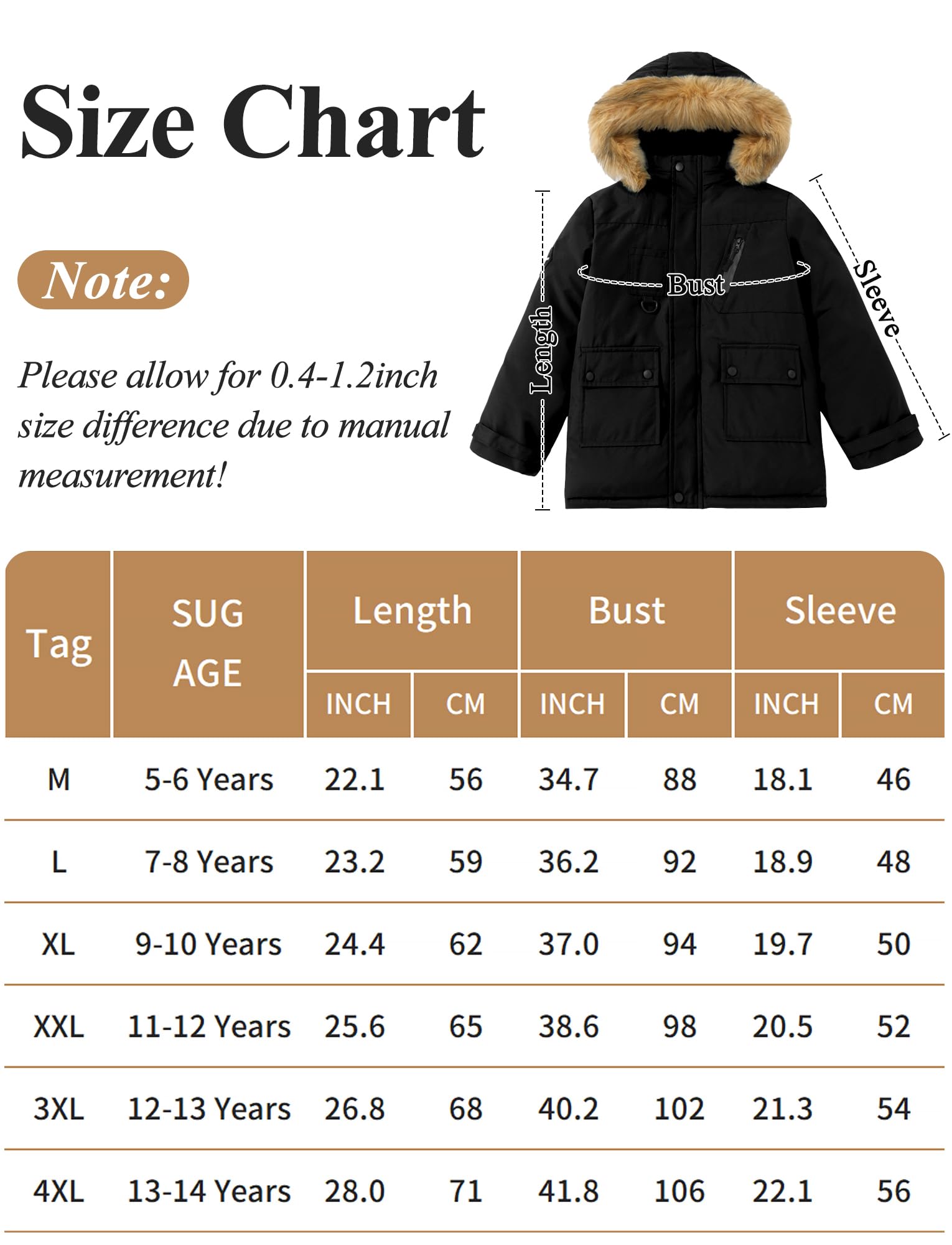 SEAUR Parka in tinta unita per bambini, con cappuccio, cappotto invernale comodo, spesso, antivento, abbigliamento per ragazzi, caldo, casual, 5-14 anni