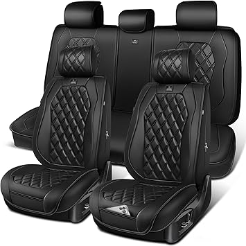 CAR PASS Luxury Nappa Leather Car Seat Covers Full Set, 3D Rhombus Waterproof Premium Leather Seat Covers, Universal Automotive Seat Cushion Fit for Sedan SUV Truck Van, Airbag Compatible Solid Black