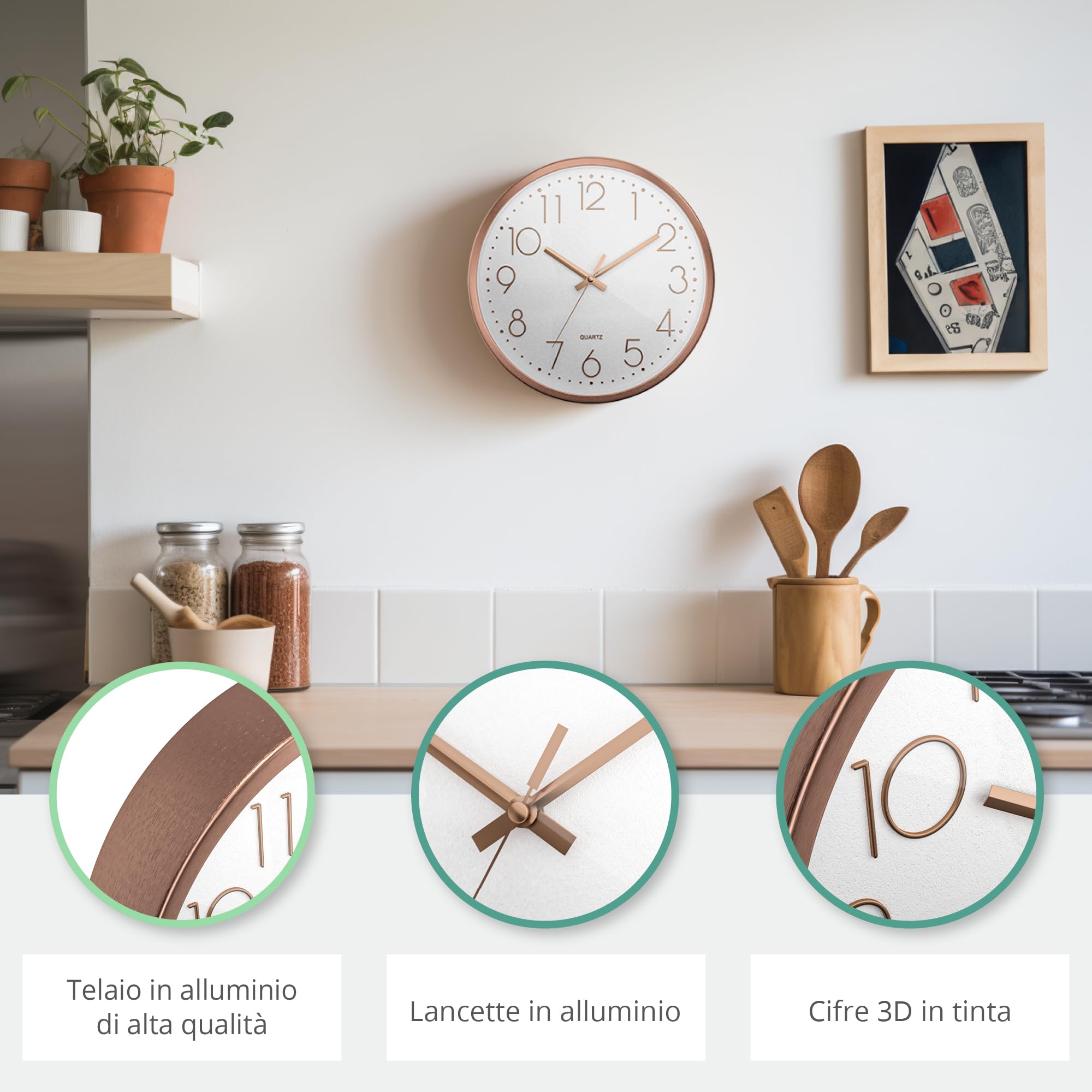 Mebus Orologio Da Parete Silenzioso 30 Cm – Quadrante Arabo 3D, Cornice Rosa E Bianca In Alluminio, Movimento Al Quarzo Preciso - 2
