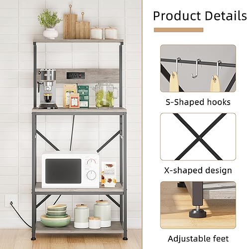 Miniatura 6 de JAMFLY Estante para hornear de cocina con toma de corriente, soporte para microondas con 6 ganchos en forma de S, estante para microondas de 4