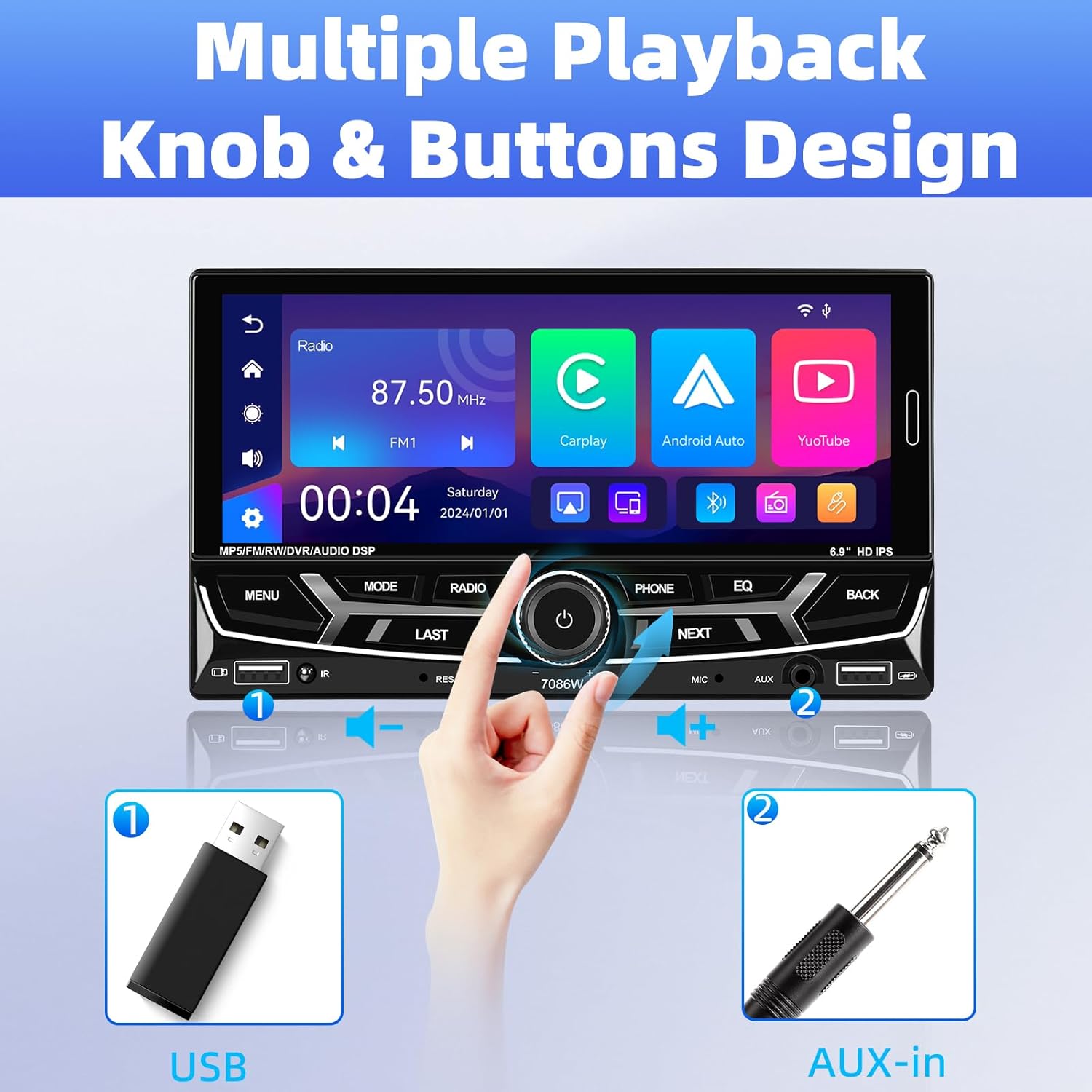 Close-up of the UNITOPSCI 7086W car stereo's physical knob and buttons, highlighting USB and AUX inputs