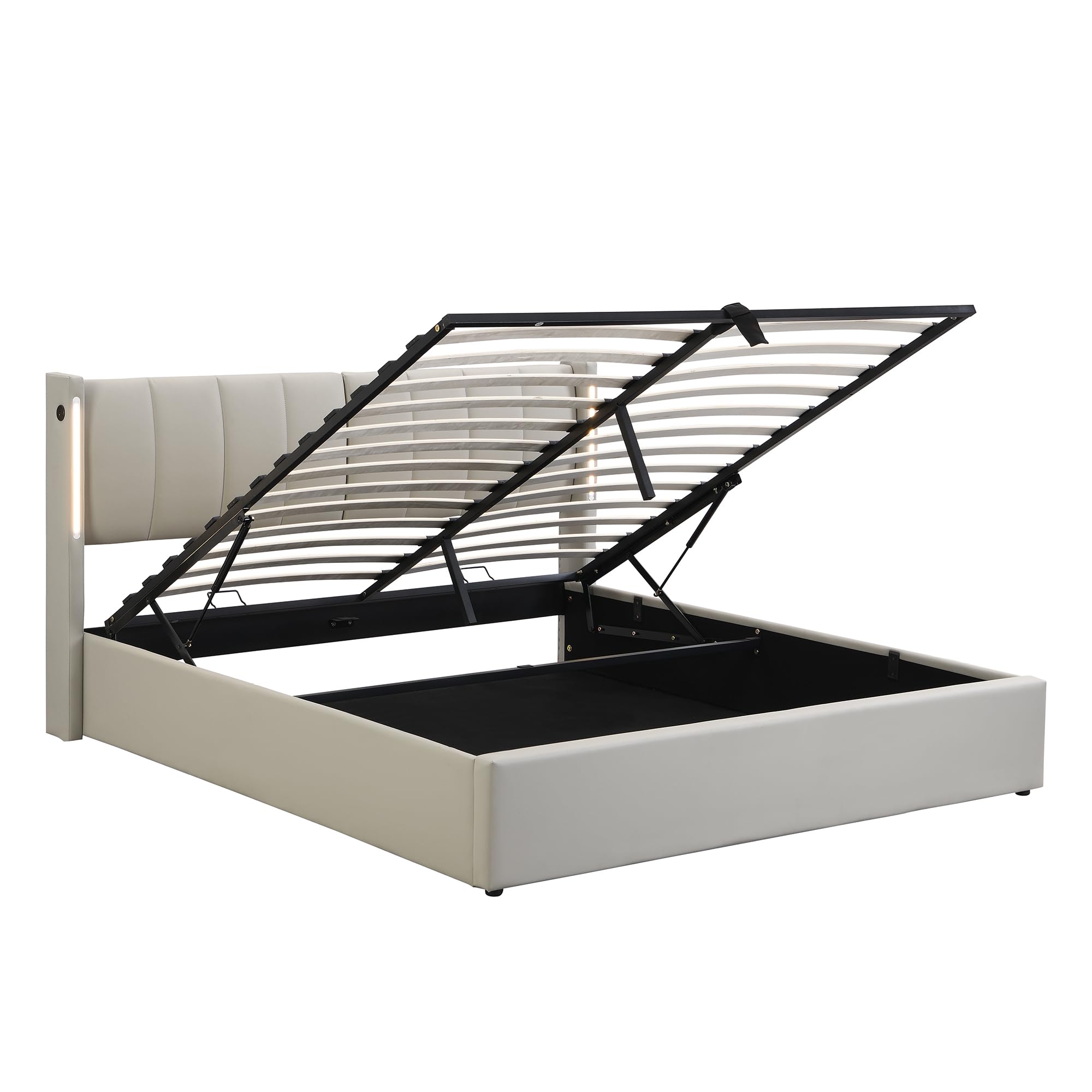 Rtopsu Letto Imbottito Letto Matrimoniale 160x200 cm con USB Type C e LED, Letti con Contenitore, Letti Idraulico con Rete a Doghe e Telaio in Metallo, Testata Regolabile, PU, Grigio, Senza Materasso