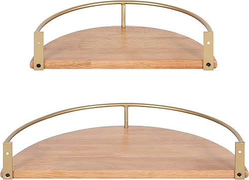 Miniatura 5 de Kate and Laurel Camryn - Juego de 2 estantes de pared bohemios de media luna, madera natural y oro, estante decorativo bohemio de medio círculo para