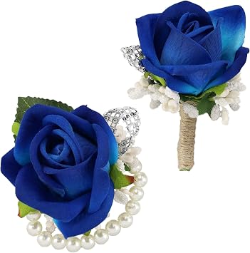 SITUMEIZI 2Pcs Blue Corsage and Boutonniere Set,Corsage Wristlet for Prom Decor,Boutonniere for Men Wedding Flowers Accessories Party Suit DecorationAthens Blue