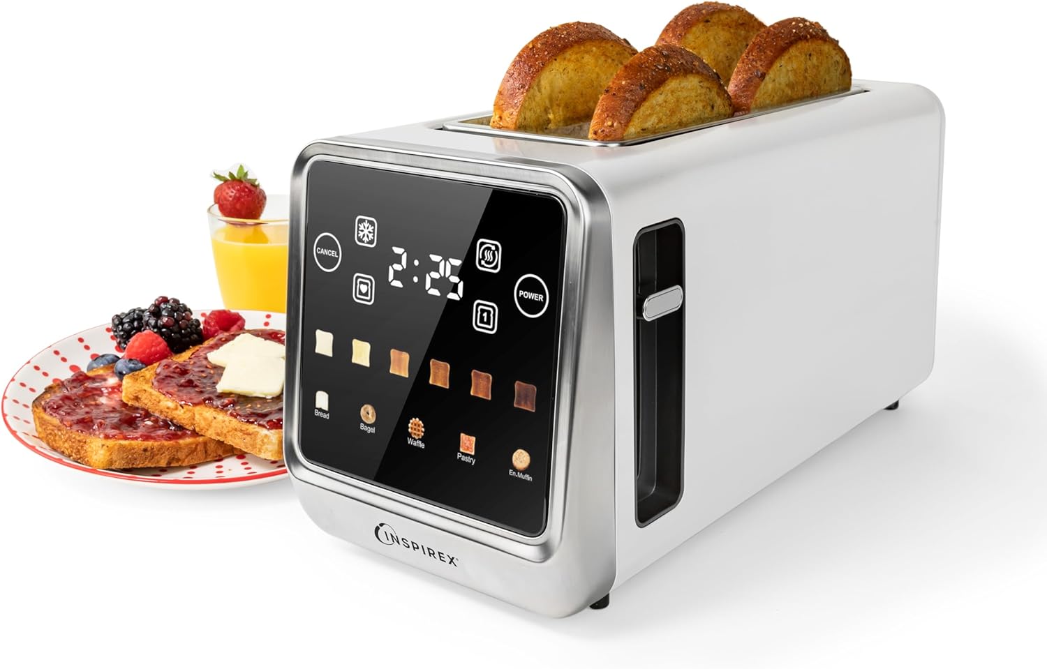 Touch Screen Toaster - 4 Slice, 2 Extra Long Slots - 5 Bread Types and 6 Browning Levels - Defrost, Reheat, Favorite, & Single Slot Modes - For Toast, Bagels, & Waffles – White