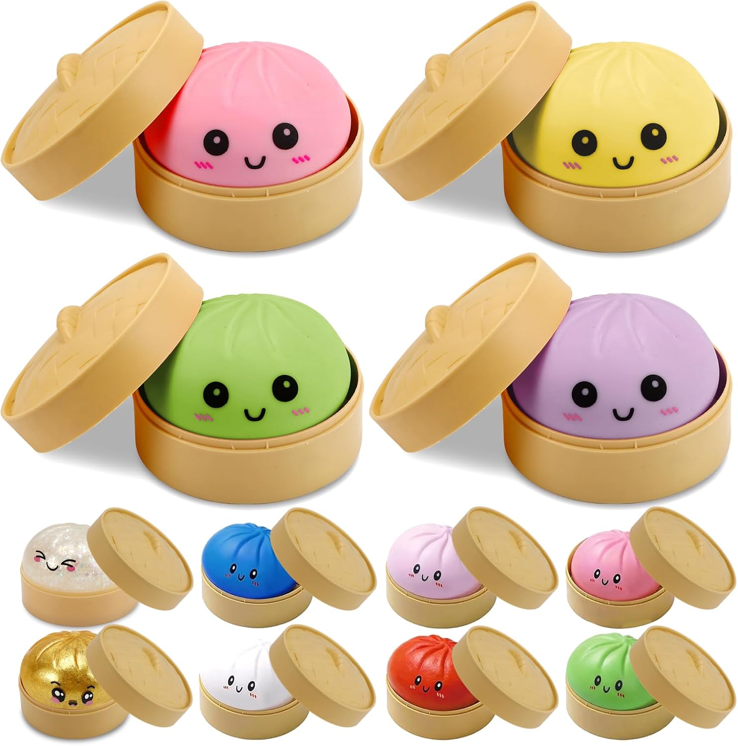 4 Pack Dumpling Squishies, Colorful Dumplings Stress Balls Fidget with Mystery Box Easter Basket Stuffers Stocking Stuffers with Food Steamer Stretchy