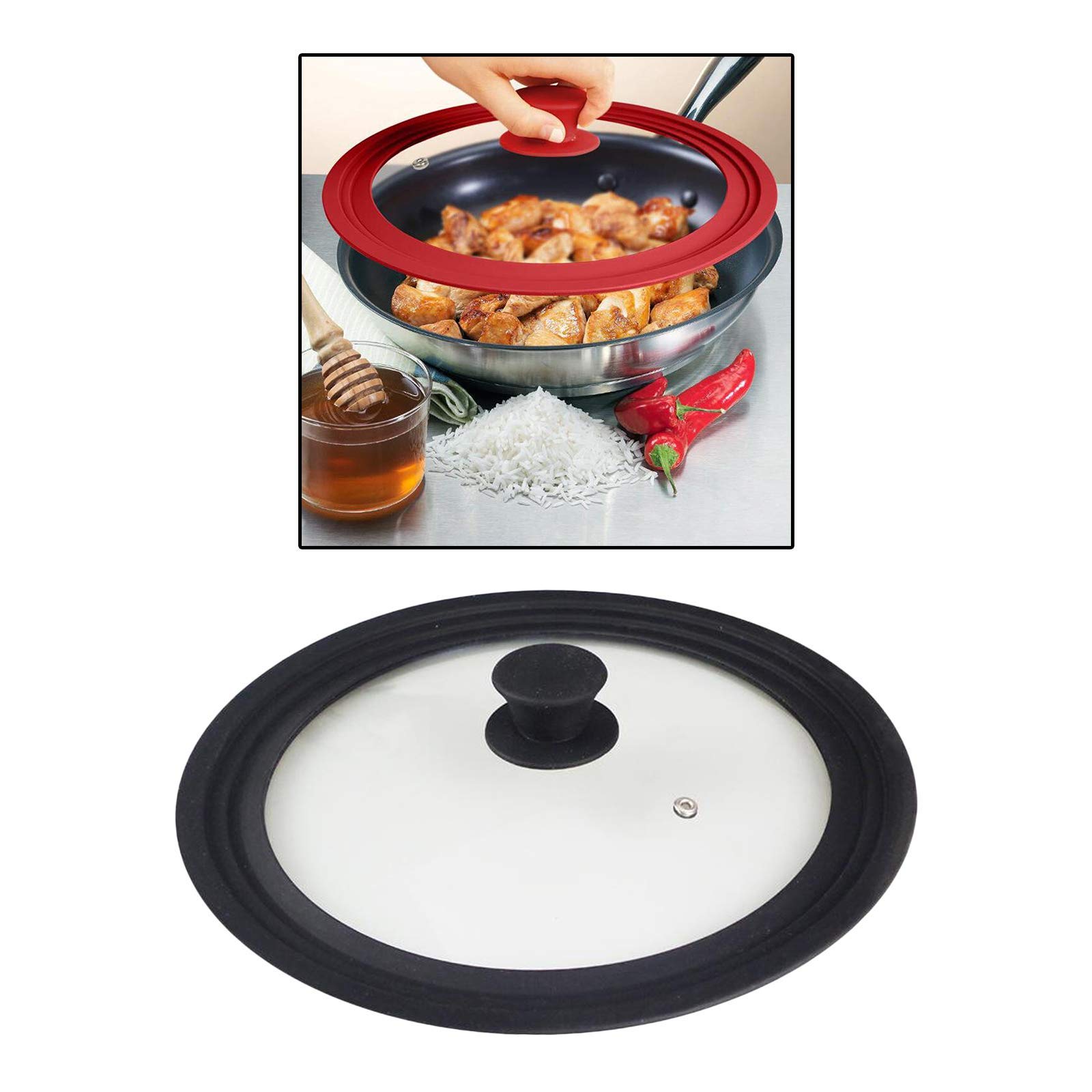 Cubiertas universales de silicona para tapa de vidrio para ollas, sartenes, utensilios de cocina, tapas de repuesto (negro, 34 cm)