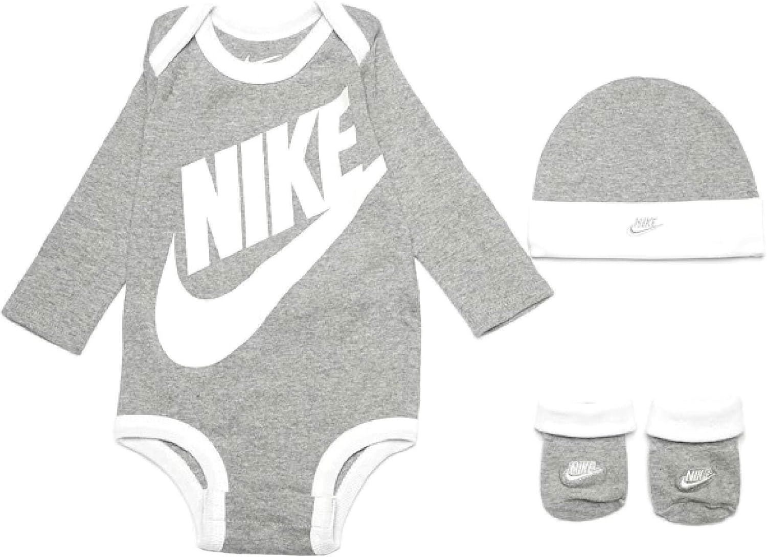 Nike Baby Long Sleeve Bodysuit, Hat and Booties 3 Piece Set (Dark Grey Heather(LN0134-042), 0-6 Months)