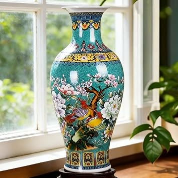 14 Jingdezhen Large Fishtail Ceramic Flower Vase Golden Handmade Home Decorative Vase, Modern Luxury Accent for Living Room, Wedding, or Gift. Elegant Floral Arrangement Centerpiece. Green