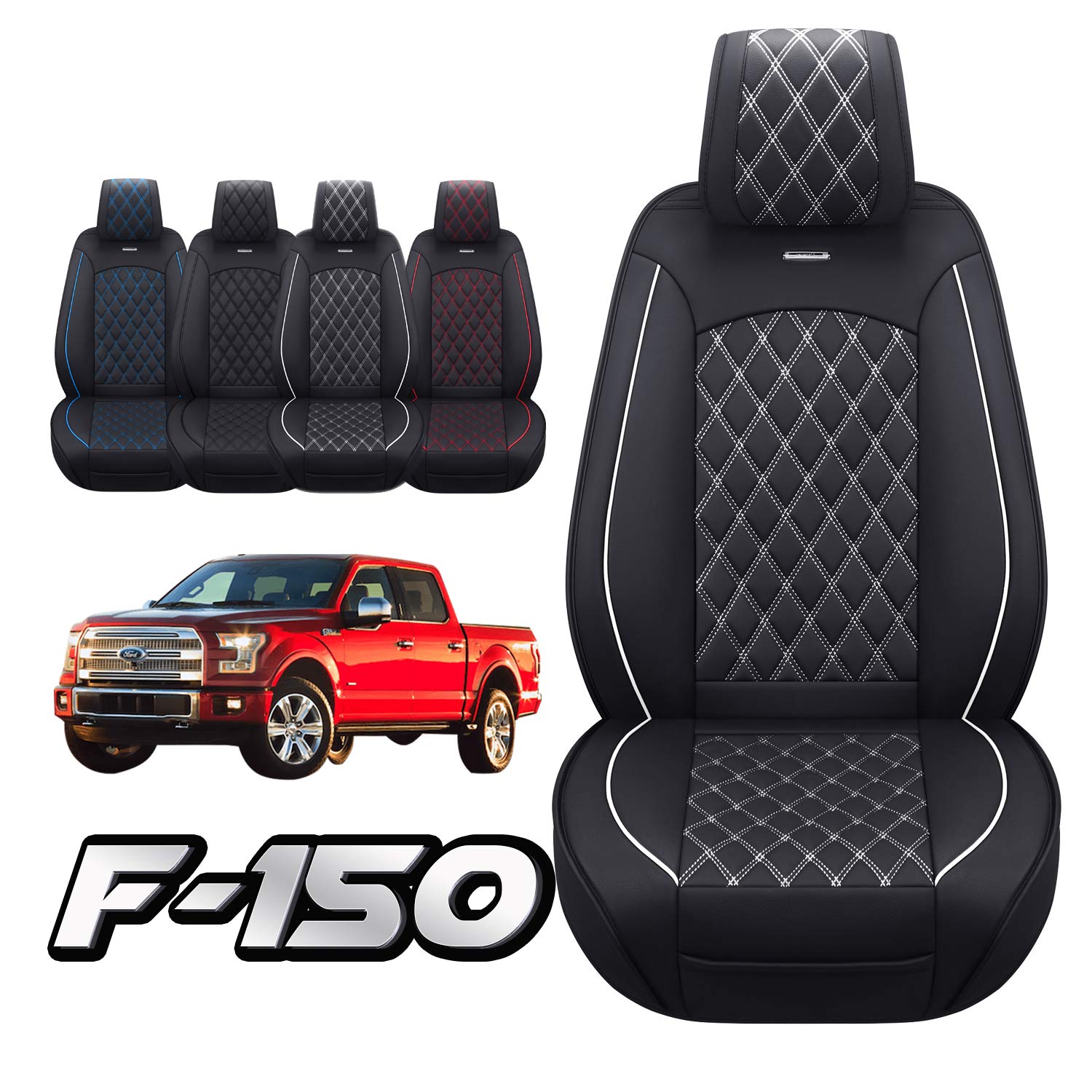 Aierxuan Car Seat Covers Front Set with Waterproof Leather Automotive Vehicle Cushion for Cars Fit for 2009 to 2025 Ford F150 Carhartt and 2017 to 2025 F250 F350 F450(Black and White)