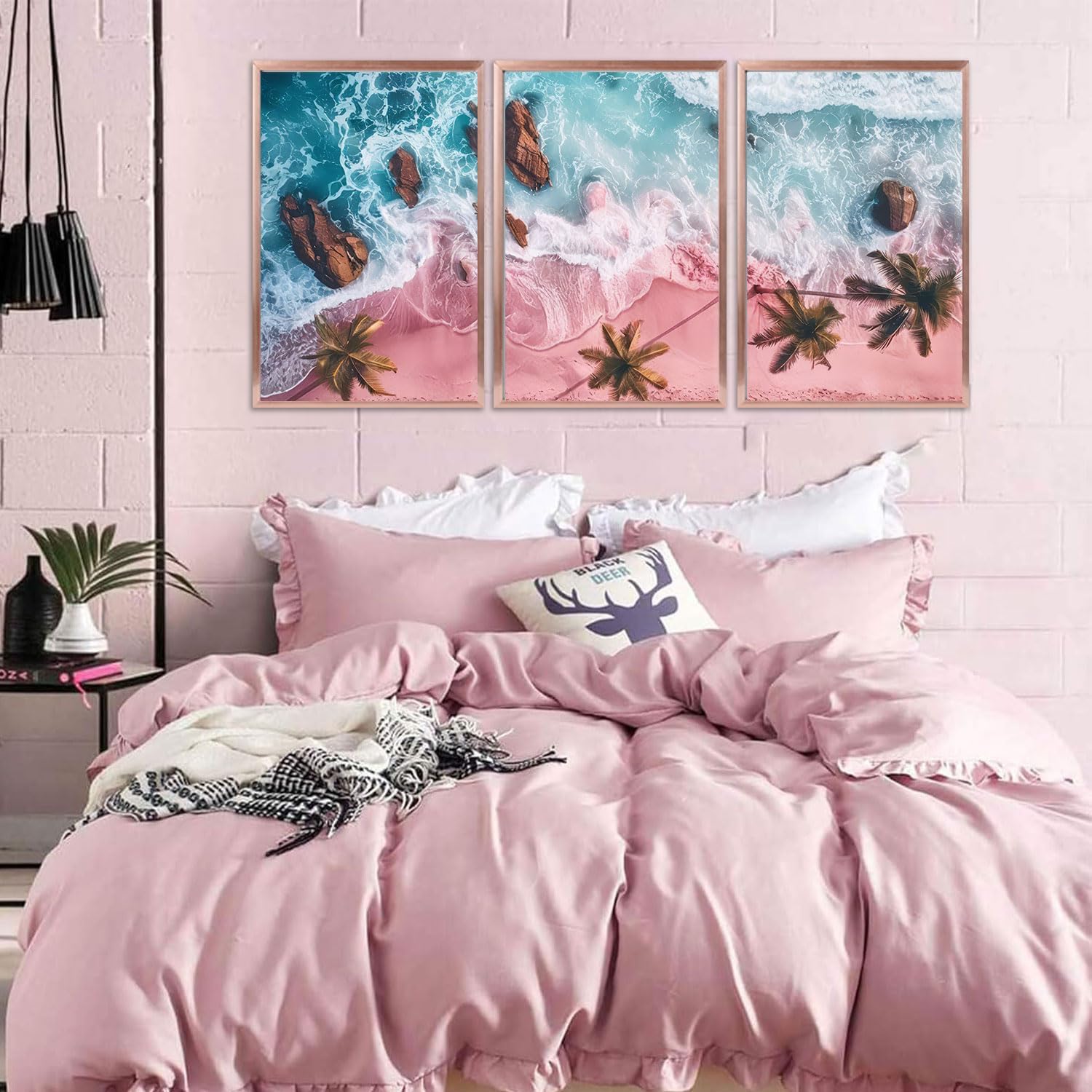 3Pcs Pink Beach Canvas Wall Art Tropical Coastal Palm Trees Wall Decor Pictures Preppy Ocean Wave Landscape Posters Prints for Living Room Bedroom Teen Girls Room Artwork Home Decoration Unframed