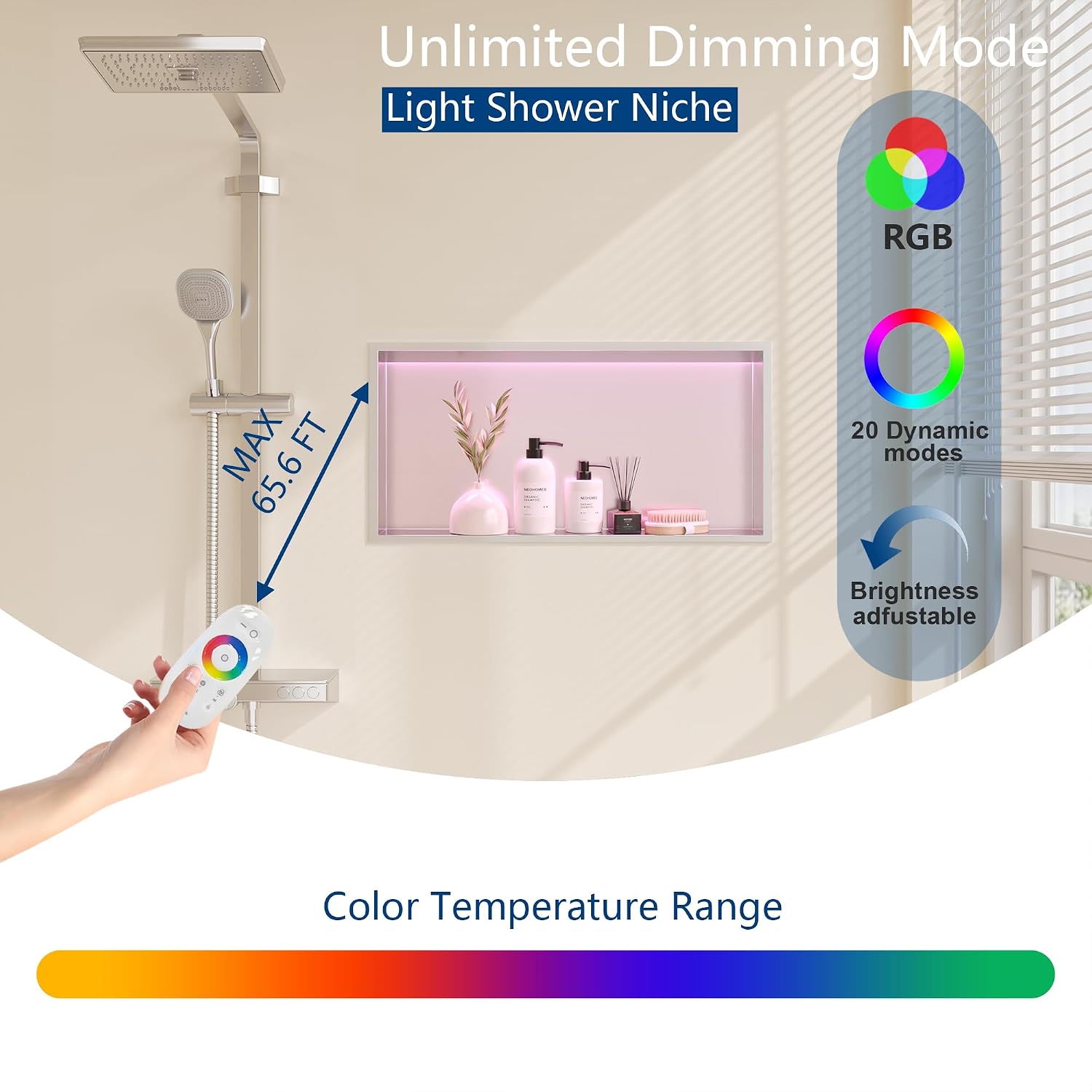 RGB LED Light Shower Niche, Brushed 24X12 in Stainless Steel Wall Cabinet with Remote Control, Waterproof No Tile Needed Wall Niche for Bathroom Storage Built-in Installation