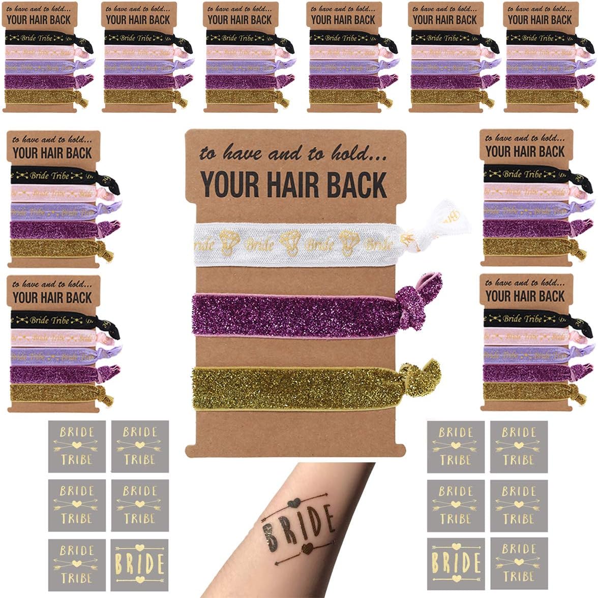 10 Pack Bachelorette Hair Ties Set to Have and to Hold Your Hair Back Bride and Bridesmaid Party Favors (Black, White, Gold, Pink)