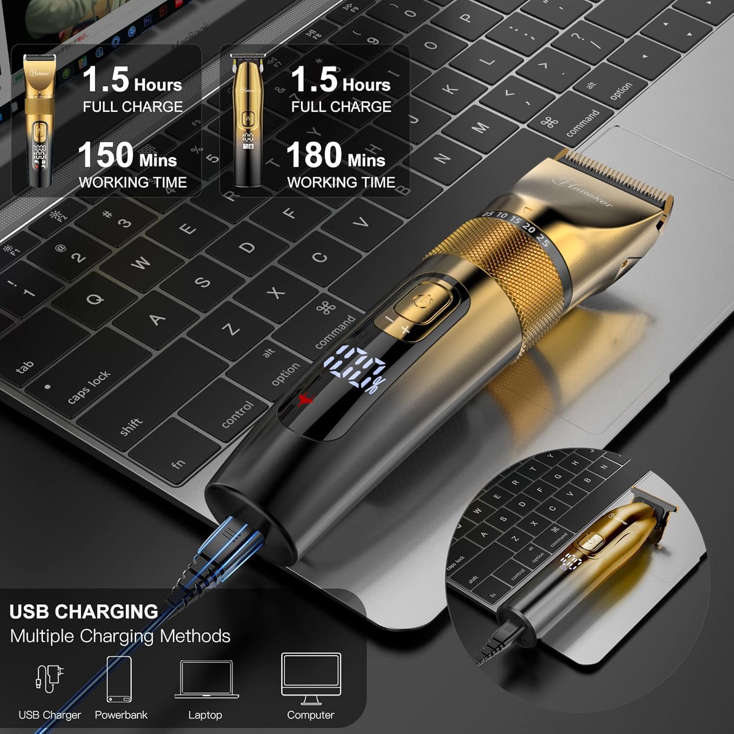 Hatteker Profi Haarschneidemaschine Set Haarschneider Pflegesets Barttrimmer Bartschneider Herren T-förmiger Trimmerkopf T-blade Trimmer Präzisionstrimmer IPX7 Wasserdicht （golden）