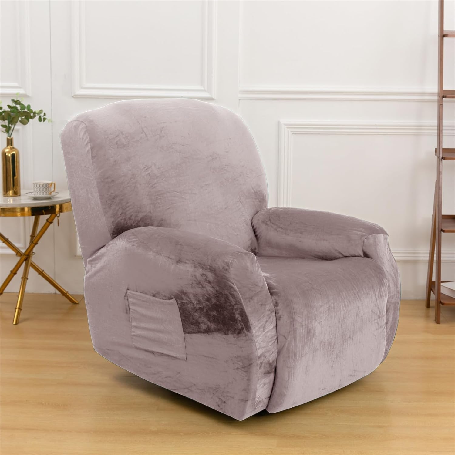 Recliner Slipcover, Velvet Stretch Reclining Chair Slipcovers 4-Pieces LazyBoy Covers Furniture Protector for Recliner with Pocket Sofa Couch Chair Cover (Haze Gray)