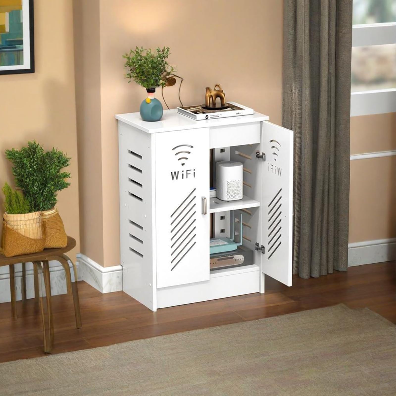Boîtier de rangement sur pied pour routeur WiFi et câbles