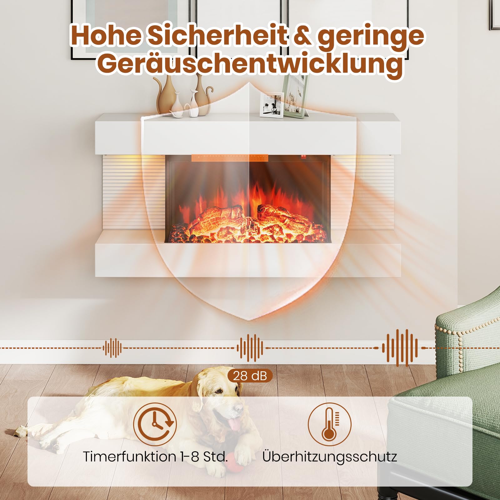 RELAX4LIFE Elektrokamin mit heizung & LED-Ambientelicht, 32" schwebender Kamin mit 3D-Flammeneffekt, Deko Wandkamin mit Fernbedienung, Standkamin 750W/1500W, 12 Flammenfarben, 8H-Timer, 17℃-28℃, Weiß