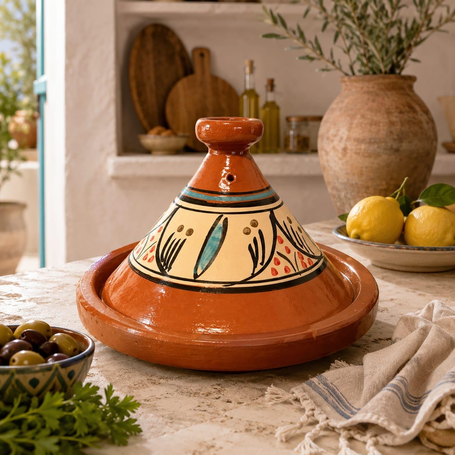 Tajine XL 35 cm Terracotta handbemalt – traditioneller marokkanischer Topf + kostenloses E-Book 0107261103