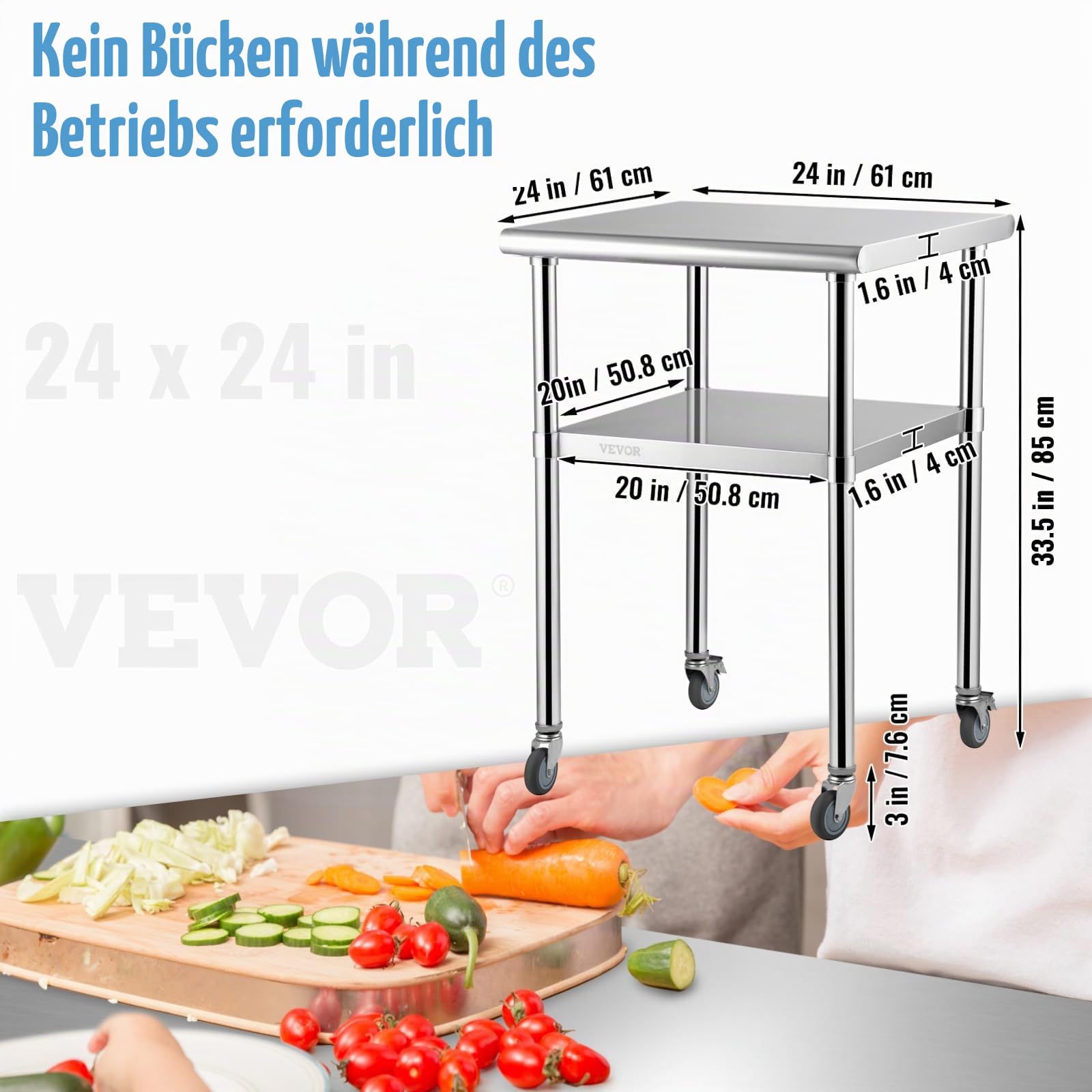VEVOR Kommerzieller Edelstahltisch 61 x 61 x 91,4 cm, Rollbarer Zweilagiger Arbeitstisch Zerlegetisch Gastro 181,4 kg + 91 kg Tragfähigkeit, Gewerbe Küchentisch, Zubereitungstisch Küchenmöbel