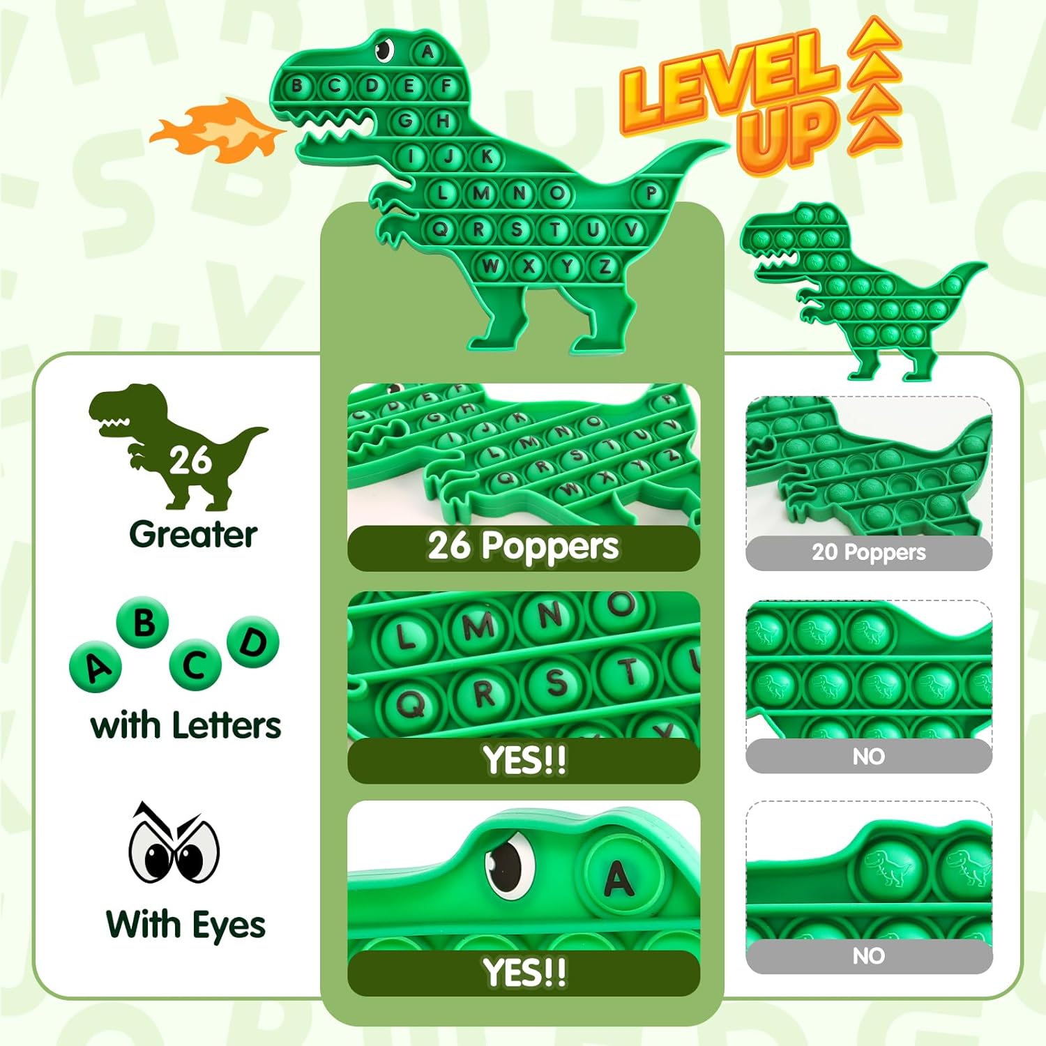 Alphabet Pop Fidget Toys It for Kids, Fidget Poppers Toys Sensory Squeeze Bubble Popping, Silicone Dinosaur Toys Pop Anxiety and Stress Relief Its for Boy Girls (Green)