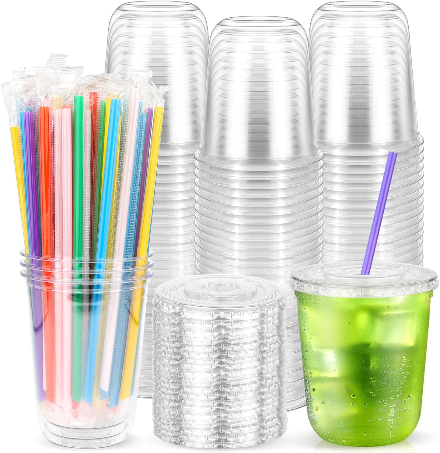 100PCS 12 oz Clear Plastic Cups with Lids and Colorful Straws, Round Bottom Disposable To Go Coffee Smoothie Juice Bubble Tea Cups, Small PET Party Cups for Holiday, Picnics, Takeout, Party, Office