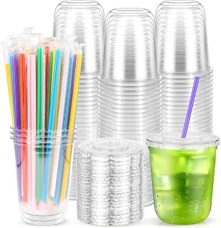 50PCS 12 oz Clear Plastic To Go Cups with Lids and Colorful Straws
