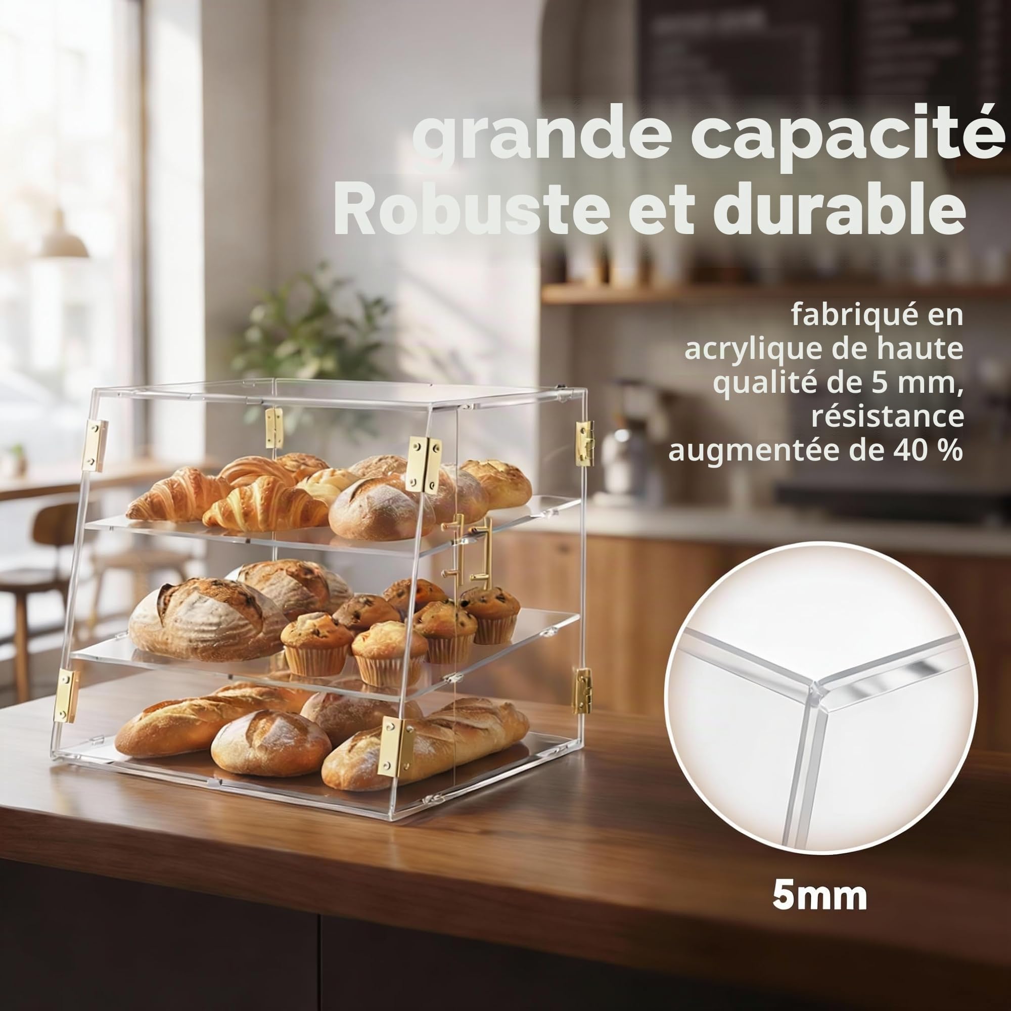 Vitrine de boulangerie commerciale à 3 compartiments avec porte automatique élastique, 53,1 x 43,2 x 43,2 cm Présentoir alimentaire pâtisserie-pain boîte de rangement pour beignets gâteaux