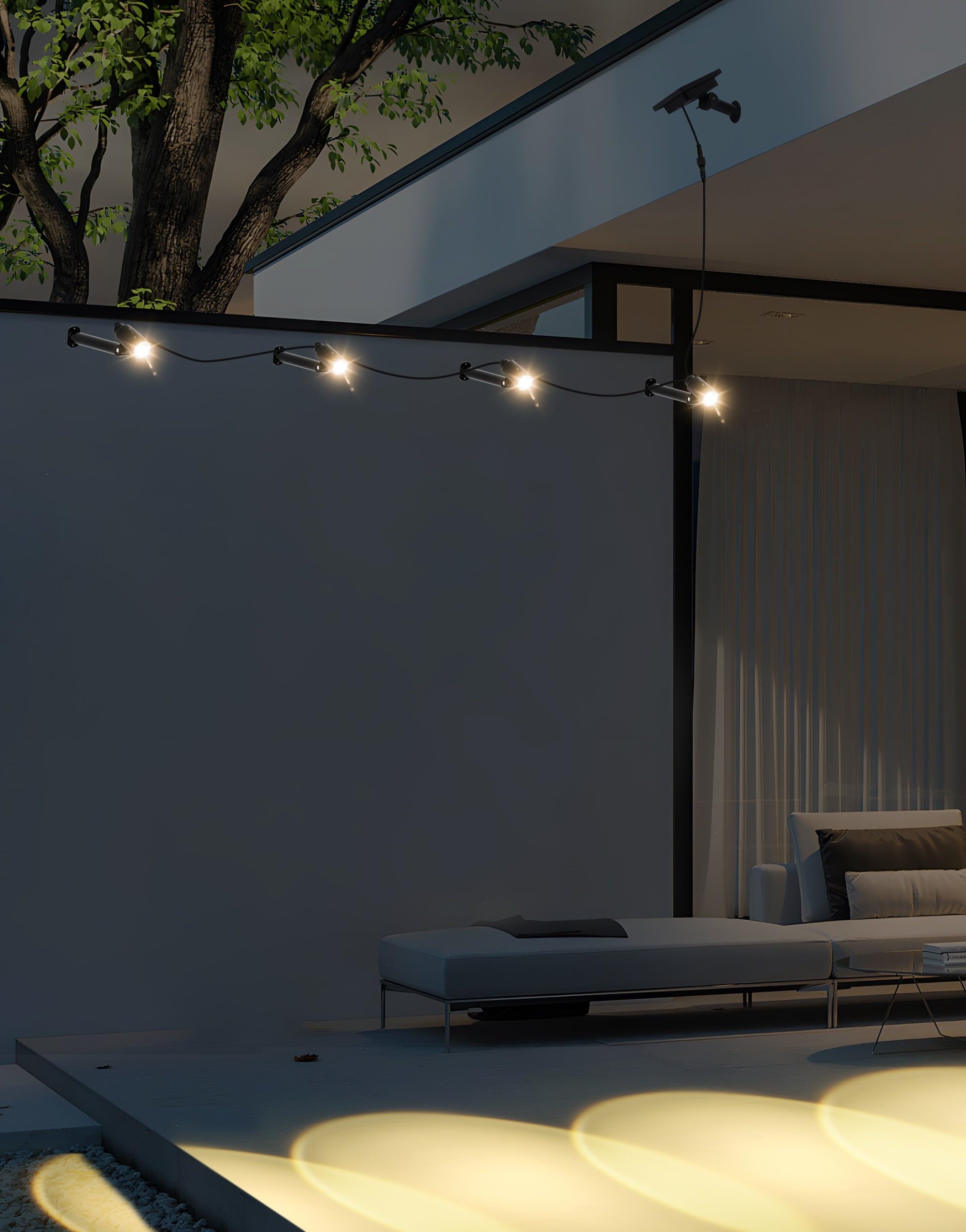 Zestaw 4 lamp solarnych LED w kolorze ciepłej bieli z zewnętrznym panelem słonecznym MINI ROUNDY do montażu na podłodze lub do montażu na ścianie