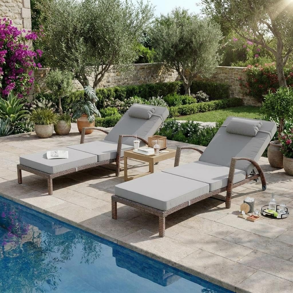 GAOMON Outdoor Lounge Chairs Set of 2, PE Rattan Wicker Chaise Lounge with Cushions and Wheels, Adjustable 5-Position, Patio Lounge Chairs for Outside Poolside Beach, Backyard Relaxation