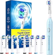 TEETHEORY Cepillo de dientes eléctrico giratorio para adultos con 8 cabezales de cepillo (2 tipos), 4 modos de limpieza profunda con energía recargable y temporizador inteligente de 2 minutos (7-azul
