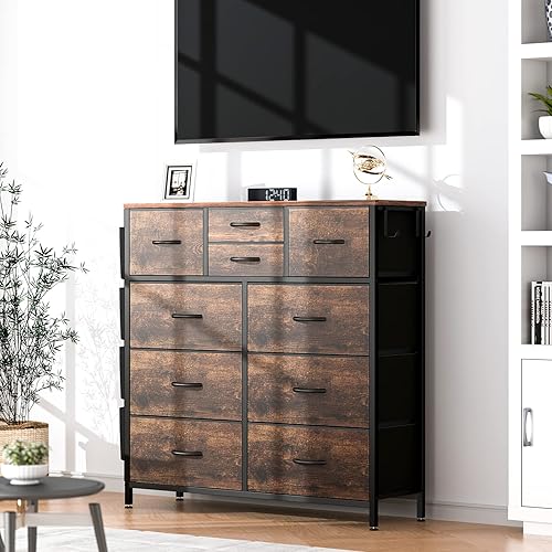Miniatura 10 de Himusi Cómoda para dormitorio con 10 cajones, torre de almacenamiento de tela con bolsillos laterales, cómoda alta para guardería, pasillo, armarios