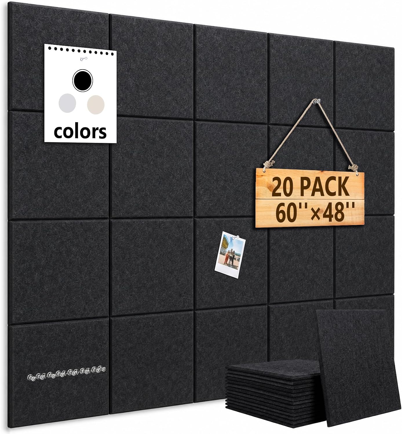 20 Pack Large Cork Board for Walls 60" x 48"(Black)
