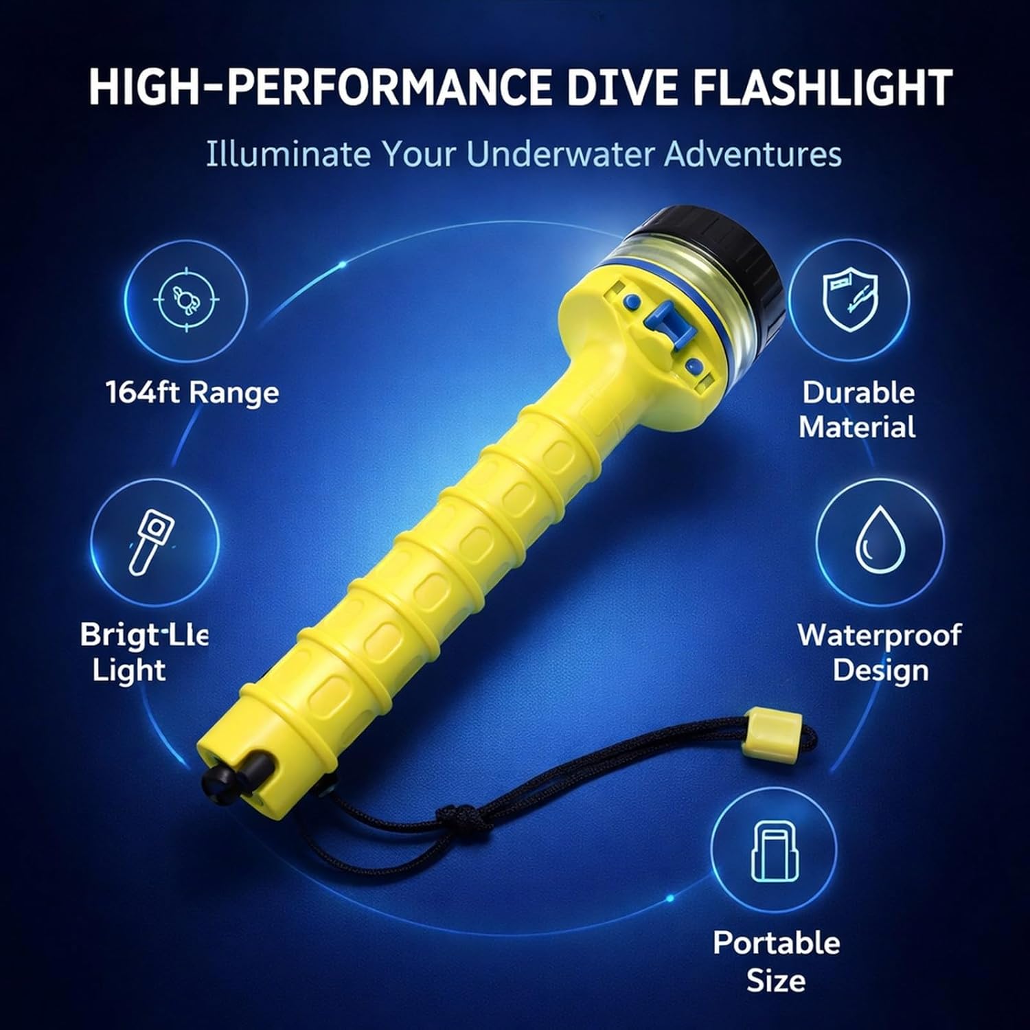 Underwater Dive Light LED Flashlight, Submersible Yellow, Battery Powered - Anti Slip Grip, Ultra Bright Illumination, Ideal for Diving and Camping