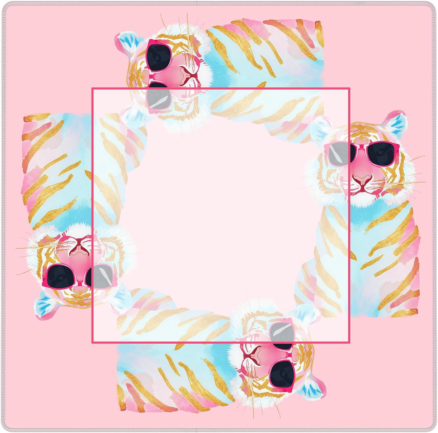 Preppy Pink Tiger Mahjong Mat for Table 31.5x31.5 in, Pink and Gold Tiger Mahjong Table Mat Cover Anti Slip Noise Reduction for Mah Jong Card Board Tile Games