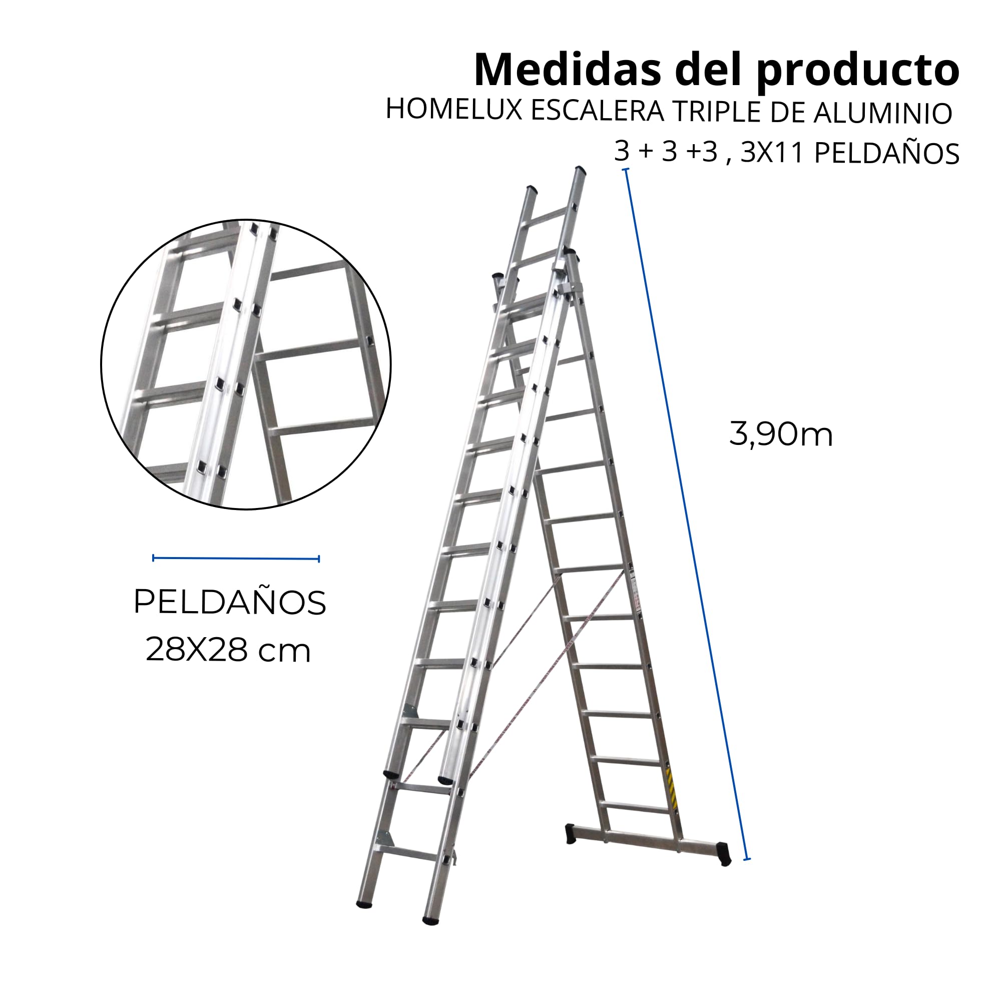 Homelux 825022 Escalera Aluminio Triple, 3 + 3 +3, 3 x 11 Peldaños, 18.5 kg