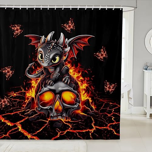 Cortina de baño de dragón de dibujos animados de 72 x 78 pulgadas, cortina de ducha con diseño de calavera negra para decoración de niños, juego de