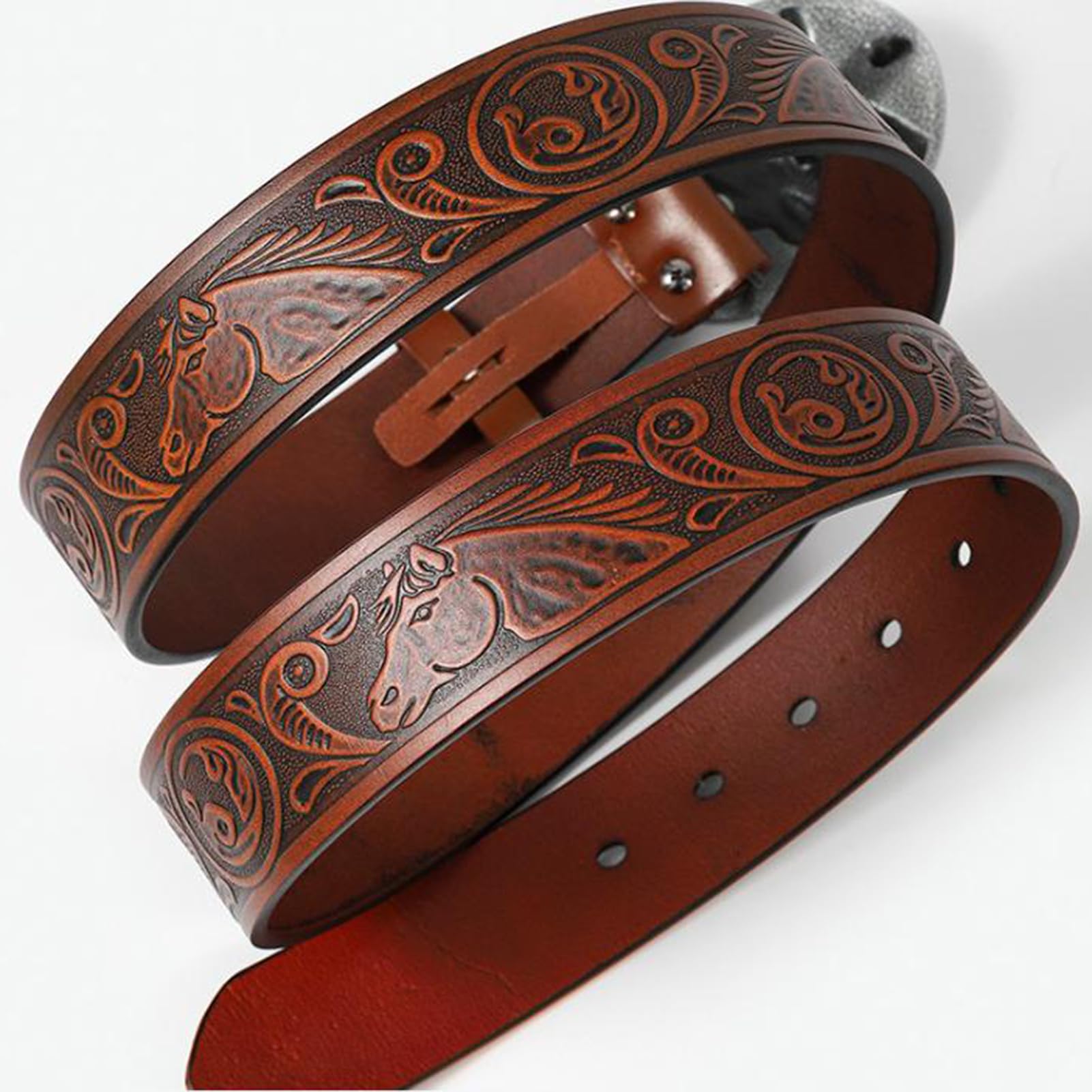Cintura Da Uomo In Pelle Di Vacchetta Goffrata, Fibbia Ovale Con Teschio Toro Western Vintage, Cinturino Cowboy Incisione Floreale