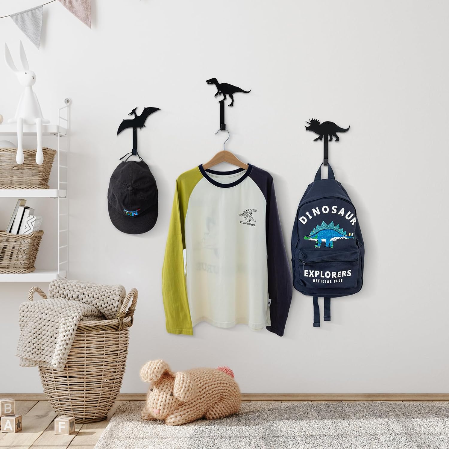 MyGift Wall Mounted Matte Black Metal Dinosaur Silhouette Hanger Hooks, Hanging Holder for Kids Bathroom Towel Toddler Boys Nursery Coat Hat Rack, 6 Piece Set - Handcrafted in India