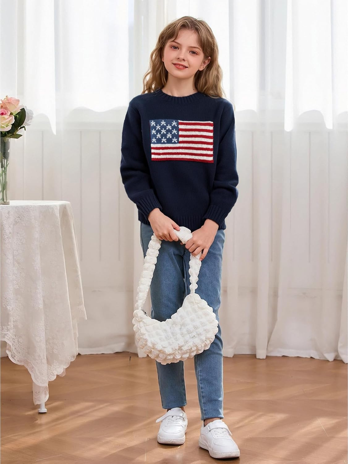 GORGLITTER Girl's American Flag Graphic Sweater Crewneck Long Sleeve Knit Pullover Tops - Image 3