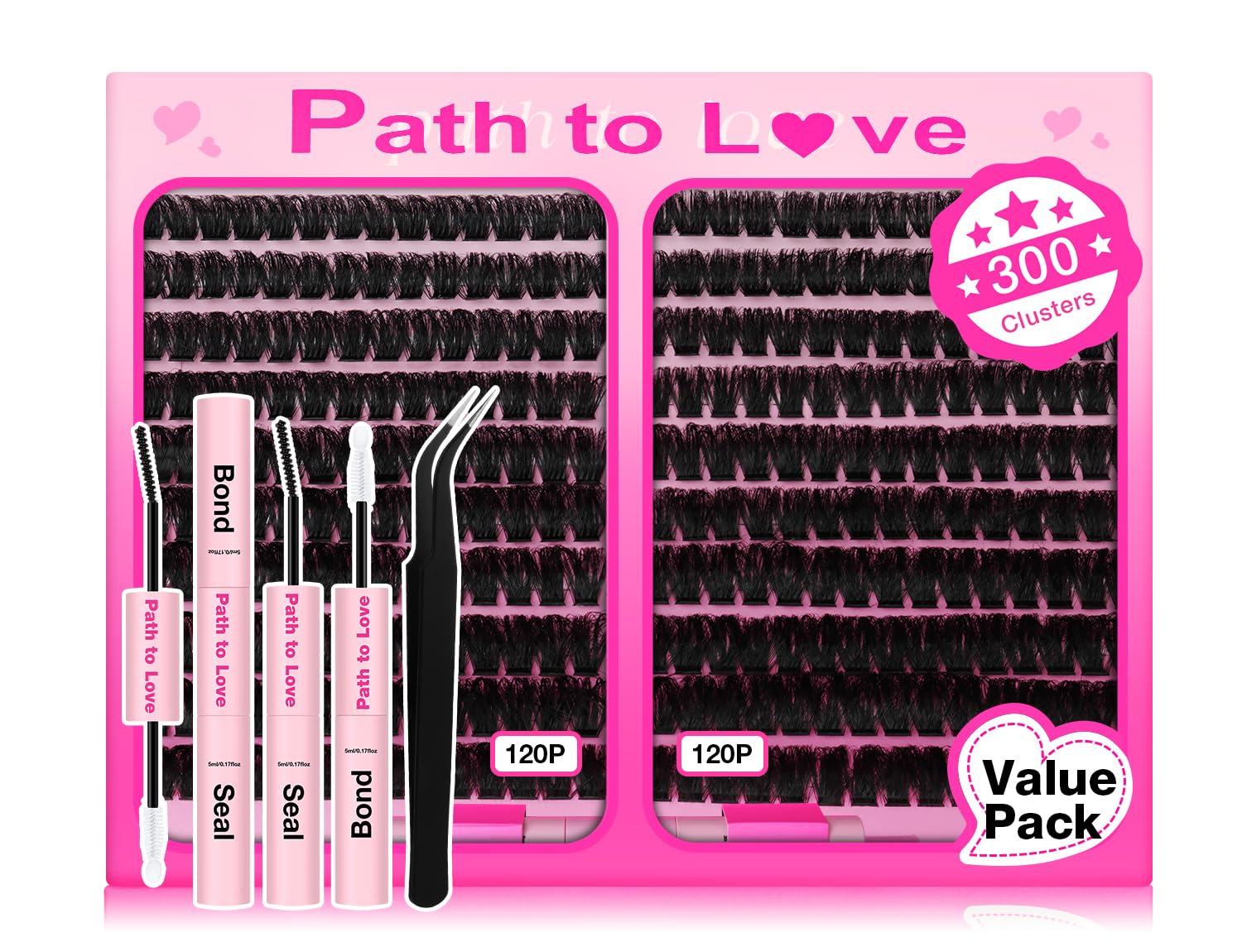 300pcs Lash Clusters Kit 120D Volume Cluster Eyelash Extensions 14-22mm, 3D D Curl,with Bond,Seal and Tweezers, Fake Cat Eye Individual DIY Eyelashes for Beginners by Path to Love