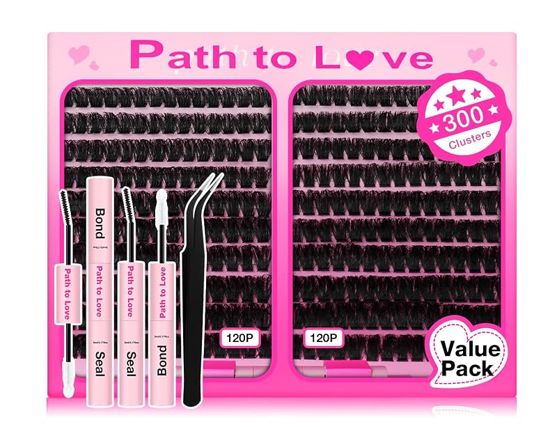 Kit com 300 cílios postiços em tufos Path to Love, curvatura D, 3D, 14 a 22 mm, com cola, selante e pinça