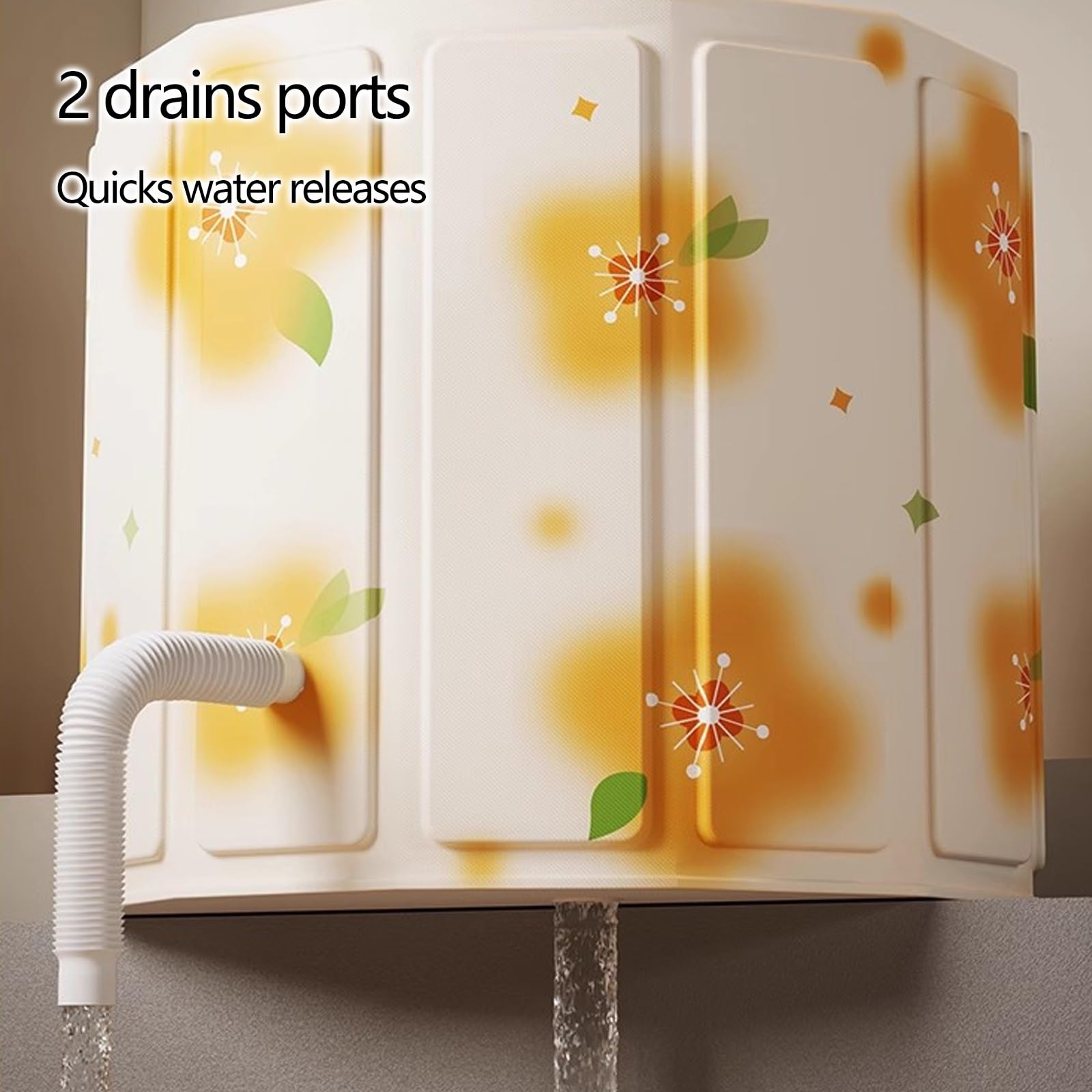 Bañera Plegable Adulto para Ducha con 2 Salidas de Drenaje Bañera Portatil Adulto Bañera Exterior con Funda, Cojín Relleno de Agua, Varilla Calefactora(Yellow,80 * 65cm)
