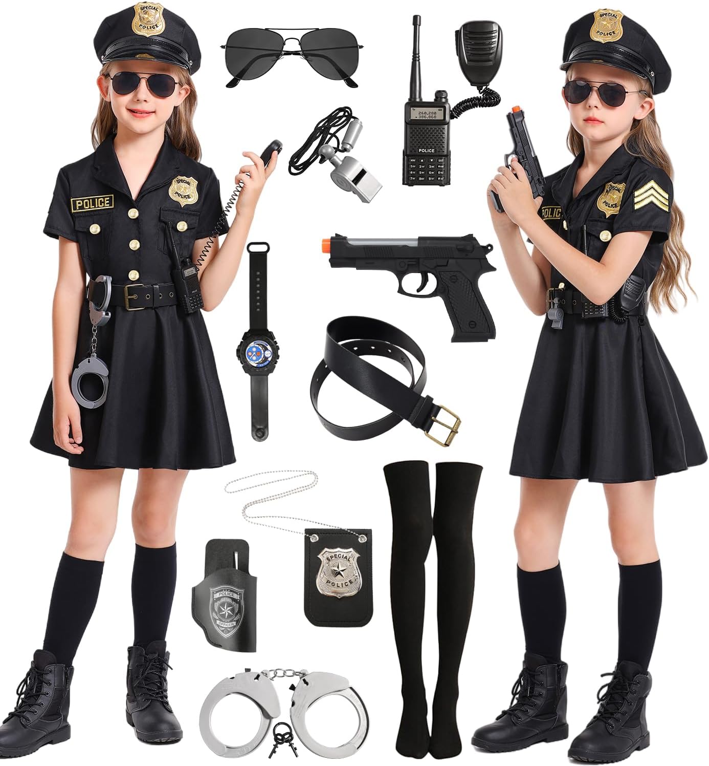 Police Officer Costume Kids Girls Halloween Costume Cop Outfit Cosplay with Deluxe Accessories