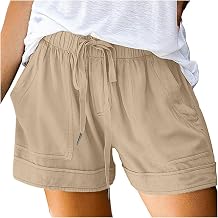 Womens Shorts Casual Elastic Waist Drawstring Summer Lightweight Beach Linen Shorts Plus Size Trendy with Pockets