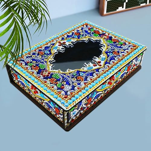Miniatura 8 de AZURAOKEY Caja decorativa de arte de diamantes de mandala, con kit de espejo, con forma especial, cristal de diamantes de imitación, caja de