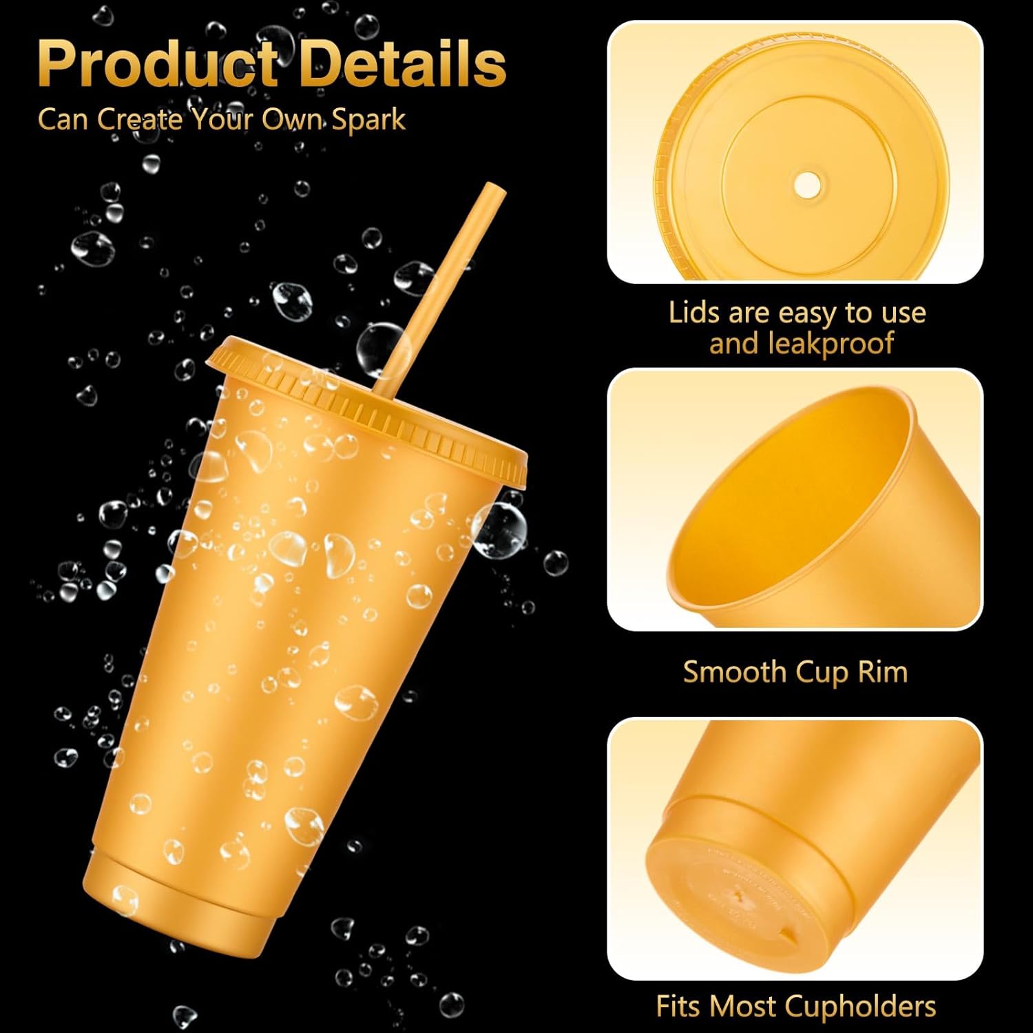 Amyhill 12 Pcs Reusable Glitter Cups with Lids and Straws 24 oz Plastic Tumbler Iced Coffee Cup Travel Mug for Smoothie Juice Birthday Sleepover Party Supplies for Valentine Girl(Gold) - Image 3