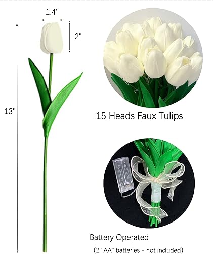 Miniatura 3 de FERLLY 15 Pcs Artificial White Tulip Flowers with LED Light, Real Touch Tulip Bouquet, Flower Lamp, Christmas Flowers Decorations, Battery Operated,