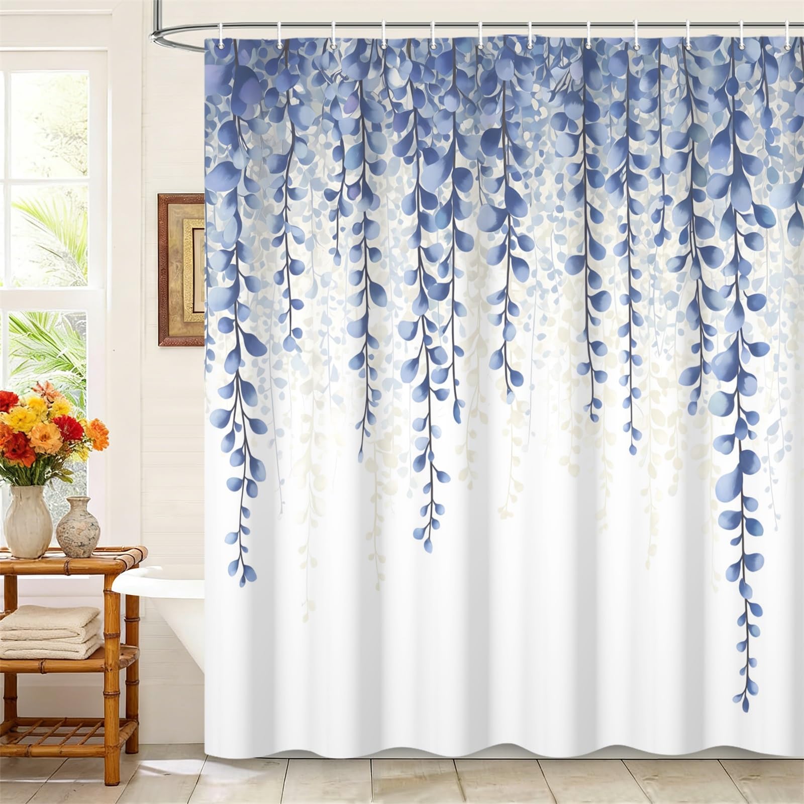 Kzzfqxb 105x160cm Shower Curtains with Plastic Hooks, White Background Hanging Vines Wisterias Blue Leaves Occluded Waterproof for Bathtub, Polyester Fabric Bath Bathroom Clean Beautiful Decoration — image 1