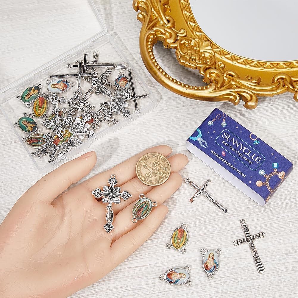 SUNNYCLUE 1 Box 40Pcs 8 Styles Rosary Cross Charms Crucifix Charm Bulk Easter Tibetan Silver Oval Chandelier Links Rosary Connectors Cross Charm Findings for Jewelry Making Supplies DIY Necklace Craft - Image 3
